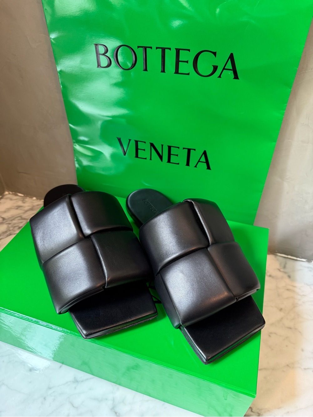 Bottega Veneta Black Padded Slide Sandals - Quilted Leather